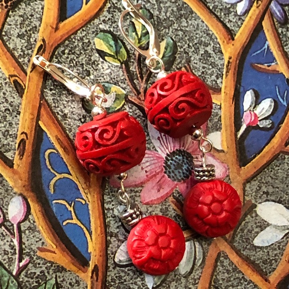 Cinnabar Spirals & Florals Earrings - Picture 2 of 8